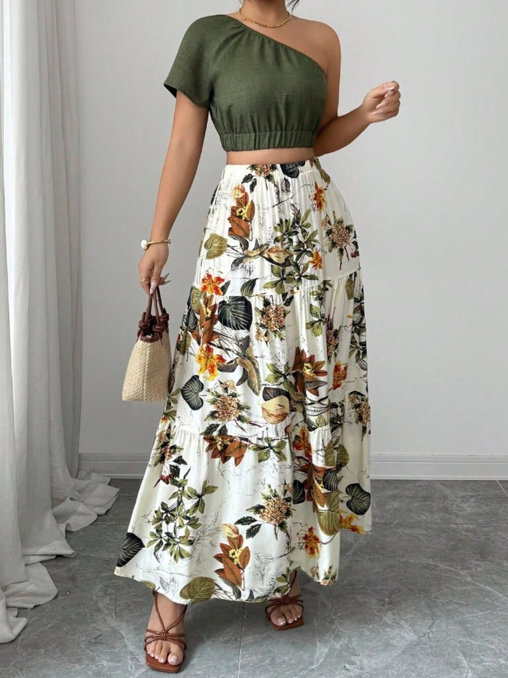 Multicolor Boho Women's Crop Blouse And Ruffle Hem Skirt Two Piece Set - Picture 5 of 6